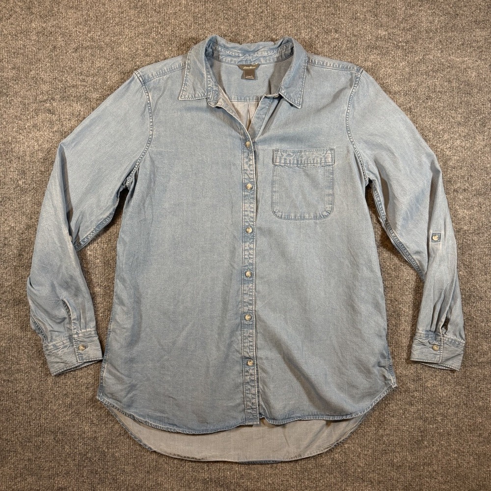 Eddie Bauer Womens L Chambray Denim Shirt Button Up Lightweight Roll Tab Sleeve
